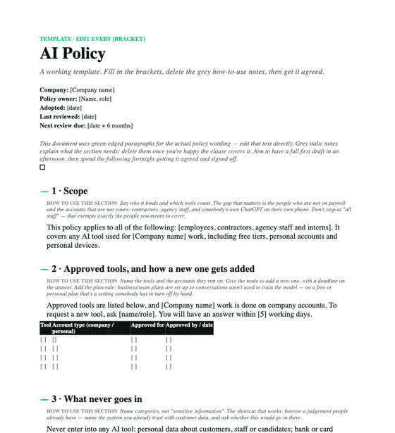 The first page of the AI policy template
